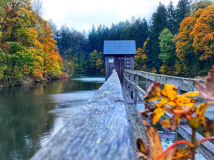 Das Striegelhaus am Carler Teich im Herbst