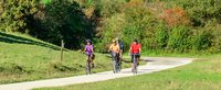 Vier Senioren auf dem Rad fahren auf einem ebenen Weg entlang