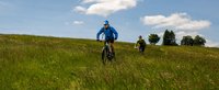 Zwei Radfahrer fahren Offroad quer über eine Wiese